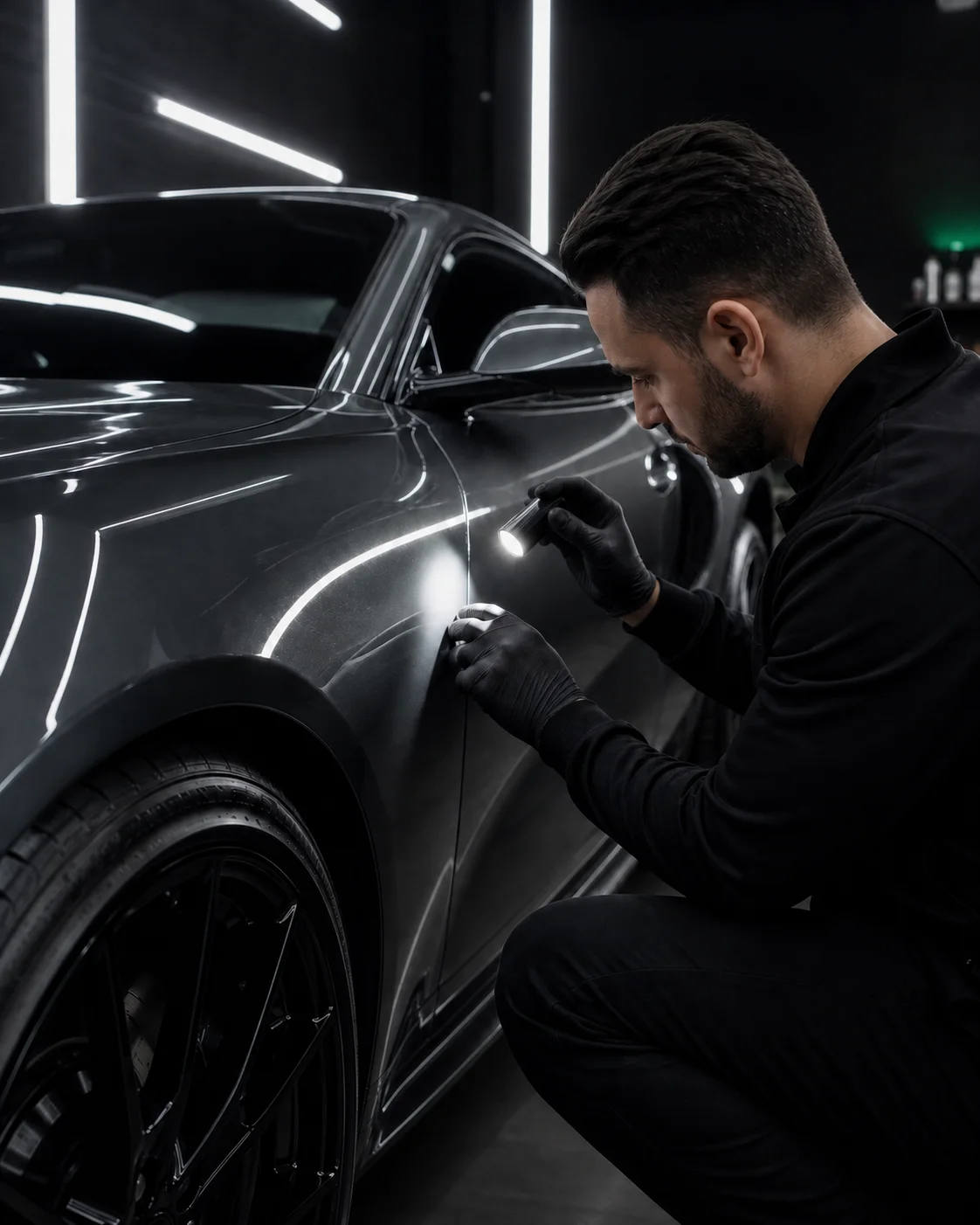 AUREX detailer pregledava lak tamnog sportskog automobila pod kontroliranim osvjetljenjem
