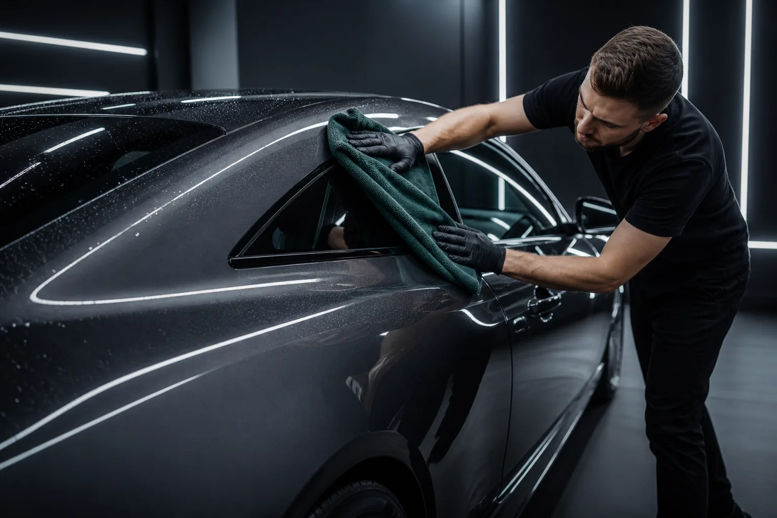 Pažljivo ručno sušenje tamnog automobila u čistom detailing studiju