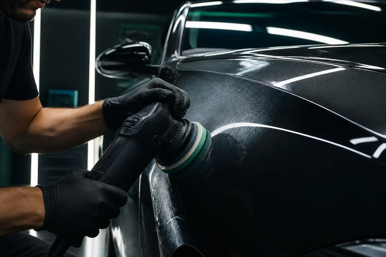 Strojna korekcija laka tamnog automobila pod studijskim osvjetljenjem
